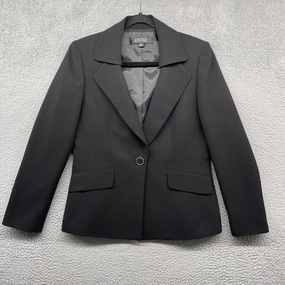 Kasper Womens Suit Jacket Black Long Sleeve Button Pockets Lapel Collared Size 8